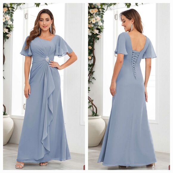 Unbranded Dresses & Skirts - New Mother of the Bride (6) Dusty Blue Chiffon Flutter Sleeve Ruched Maxi Dress